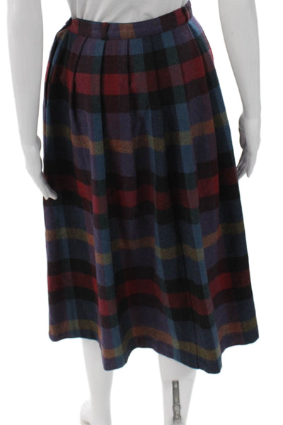 Oscar de la Renta Women Pleated Skirt Multicolor Plaid Wool Button Midi Size M