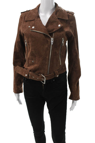 BLANKNYC Womens Motorcycle Suede Brown Zip Long Sleeve Jacket Size M