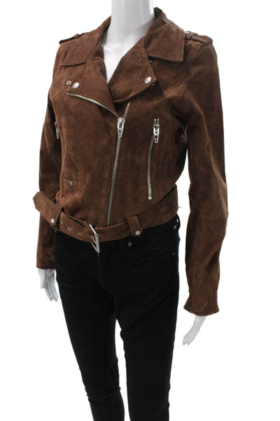 BLANKNYC Womens Motorcycle Suede Brown Zip Long Sleeve Jacket Size M