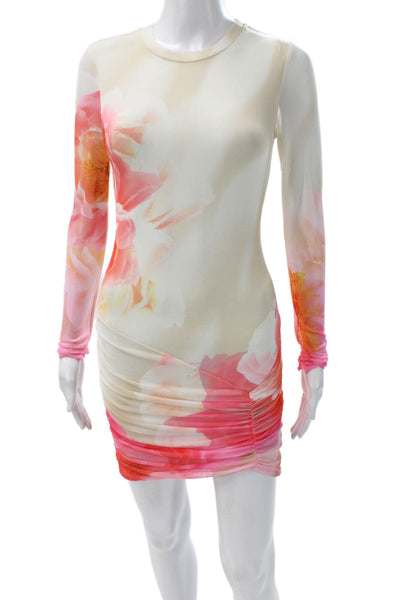 AFRM Women Pink Floral Mini Dress Long Sleeve Crew Neck Polyester Size XS
