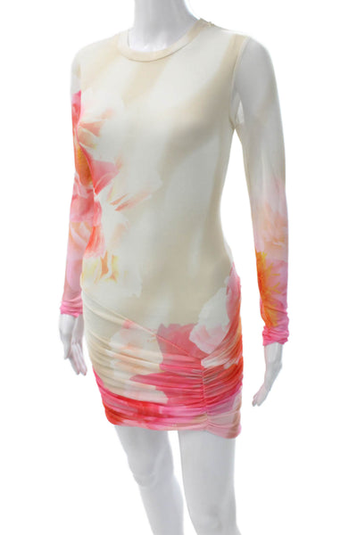 AFRM Women Pink Floral Mini Dress Long Sleeve Crew Neck Polyester Size XS