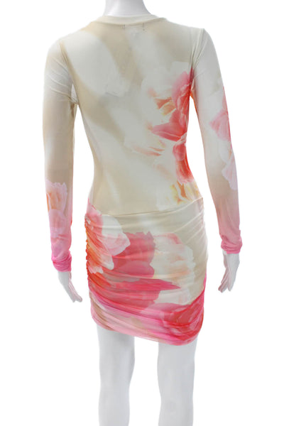 AFRM Women Pink Floral Mini Dress Long Sleeve Crew Neck Polyester Size XS