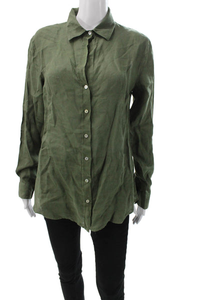 120% Lino Womens Linen Collared Button-Up Blouse Green Long Sleeve Size 44