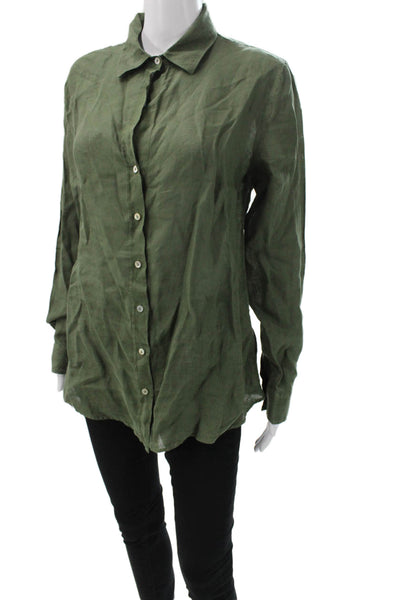 120% Lino Womens Linen Collared Button-Up Blouse Green Long Sleeve Size 44