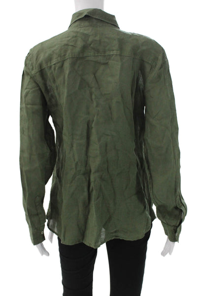 120% Lino Womens Linen Collared Button-Up Blouse Green Long Sleeve Size 44