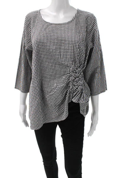 Tulip Women Tunic Black Check 100% Cotton Round Neck 3/4 Sleeve Pullover Size S