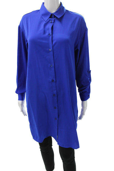 Renuar Women Tunic Button-Up Collared Long Sleeve Blue Solid Polyester Size 2XL