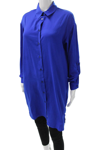 Renuar Women Tunic Button-Up Collared Long Sleeve Blue Solid Polyester Size 2XL