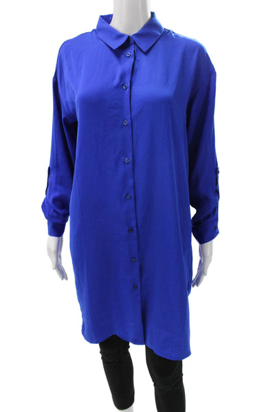 Renuar Womens Collared Blue Long Sleeve Tunic Button-Up Polyester Petite Size S
