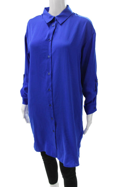 Renuar Womens Collared Blue Long Sleeve Tunic Button-Up Polyester Petite Size S