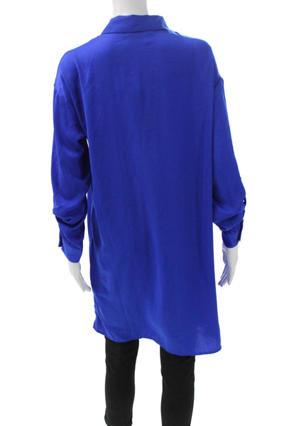 Renuar Womens Collared Blue Long Sleeve Tunic Button-Up Polyester Petite Size S