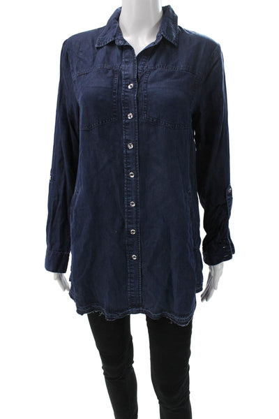 Renuar Womens Tunic Button Up Tencel Collared Long Sleeve Blue Size S