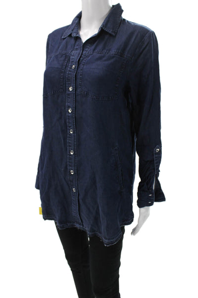 Renuar Womens Tunic Button Up Tencel Collared Long Sleeve Blue Size S