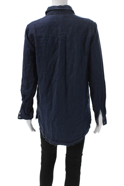 Renuar Womens Tunic Button Up Tencel Collared Long Sleeve Blue Size S