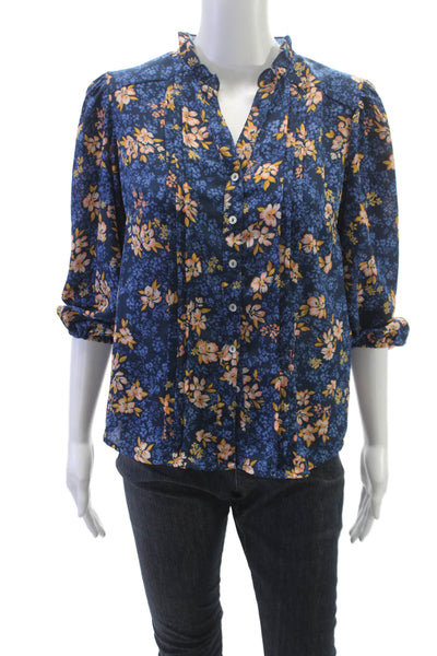 Nanette Lepore Women Blue Floral Collared Blouse 3/4 Sleeve Size S