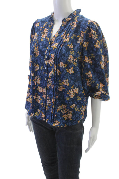 Nanette Lepore Women Blue Floral Collared Blouse 3/4 Sleeve Size S