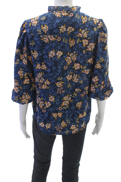 Nanette Lepore Women Blue Floral Collared Blouse 3/4 Sleeve Size S