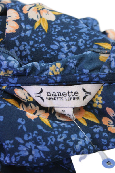Nanette Lepore Women Blue Floral Collared Blouse 3/4 Sleeve Size S