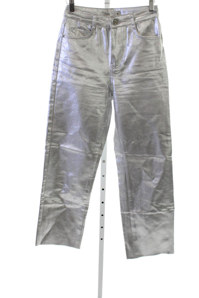 Zara Women Silver Straight Jeans Cotton Button Mid Rise Size 2