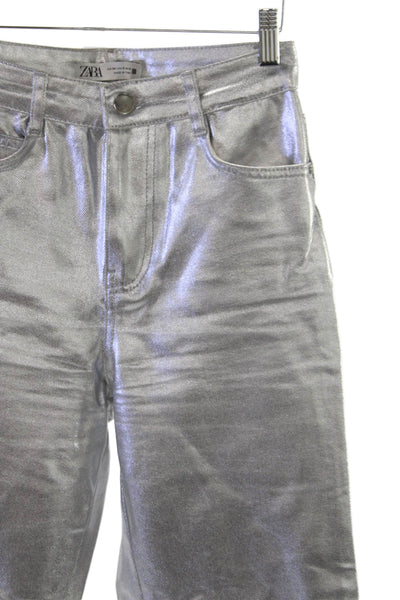 Zara Women Silver Straight Jeans Cotton Button Mid Rise Size 2