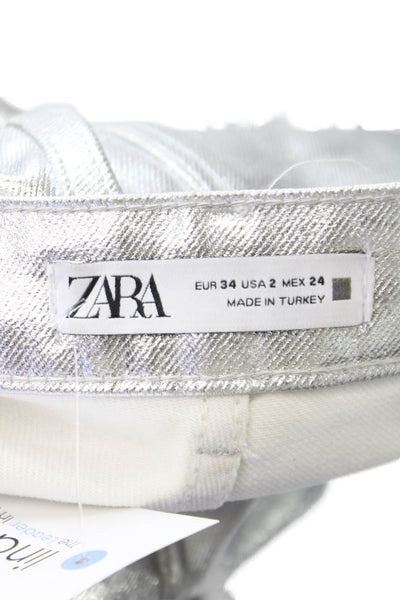 Zara Women Silver Straight Jeans Cotton Button Mid Rise Size 2
