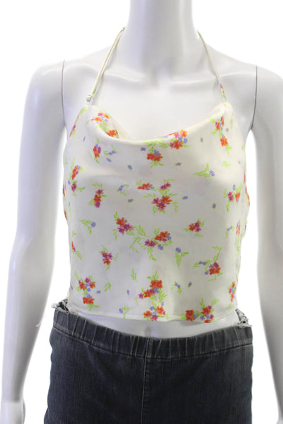 Zara Women Cropped Tank Sleeveless Cowl Neck Floral White Tie Size L