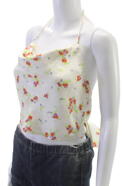 Zara Women Cropped Tank Sleeveless Cowl Neck Floral White Tie Size L