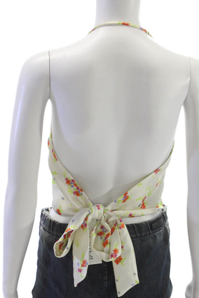 Zara Women Cropped Tank Sleeveless Cowl Neck Floral White Tie Size L