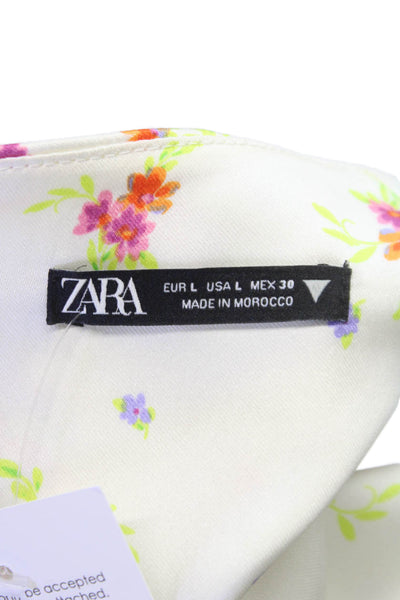 Zara Women Cropped Tank Sleeveless Cowl Neck Floral White Tie Size L