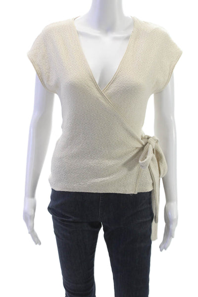 Zara Women Basic Ivory V-Neck Short Sleeve Polyester Blouse Spring Size S