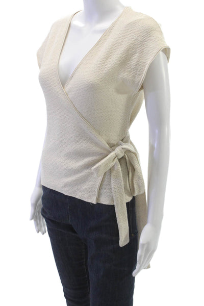 Zara Women Basic Ivory V-Neck Short Sleeve Polyester Blouse Spring Size S
