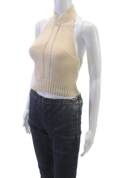Zara Womens Beige Cropped Halter Tank Cotton Button Sleeveless Top Size XS