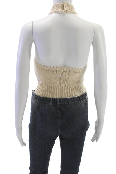 Zara Womens Beige Cropped Halter Tank Cotton Button Sleeveless Top Size XS