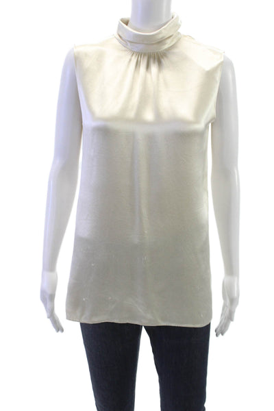 Agnona Women Blouse Ivory Satin Mock Neck Sleeveless Size S