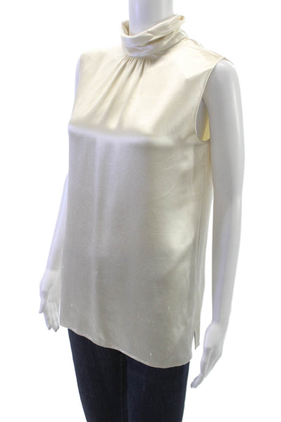 Agnona Women Blouse Ivory Satin Mock Neck Sleeveless Size S