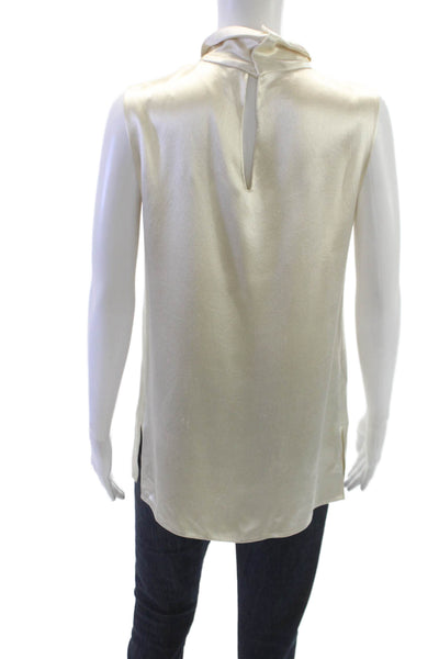 Agnona Women Blouse Ivory Satin Mock Neck Sleeveless Size S