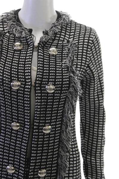 Babylon Womens Collared Geometric Black Cardigan Virgin Wool Hook & Loop Size 1