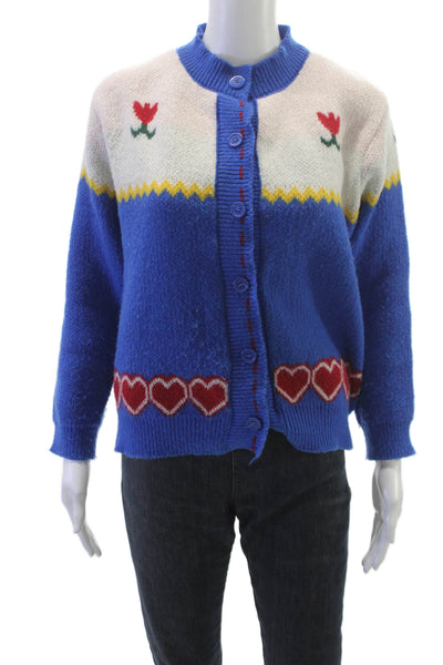 Kelly Obi Women Blue Floral Cashmere Blend Cardigan Long Sleeve Size S