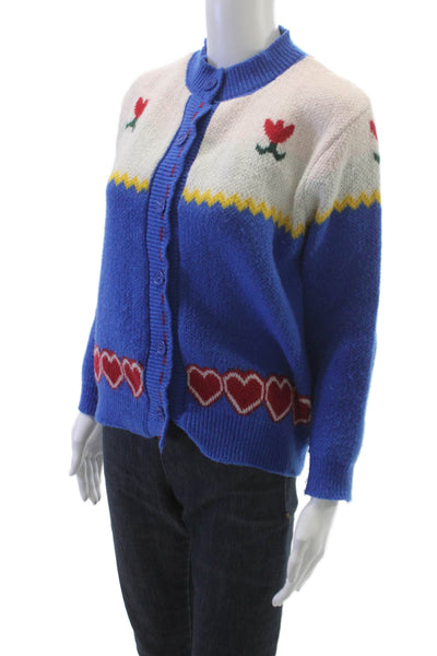 Kelly Obi Women Blue Floral Cashmere Blend Cardigan Long Sleeve Size S