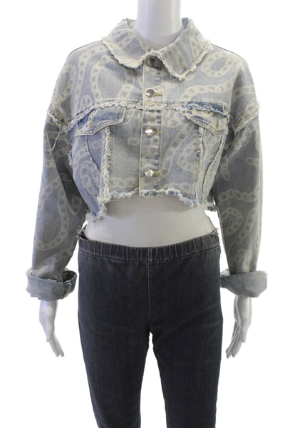 Athina Womens Basic Jacket Blue Cotton Geometric Button Long Sleeve Size S