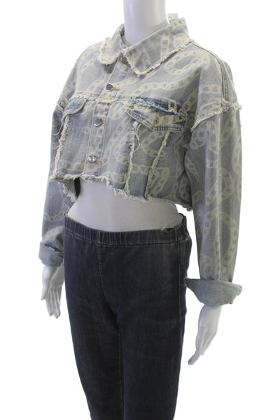Athina Womens Basic Jacket Blue Cotton Geometric Button Long Sleeve Size S