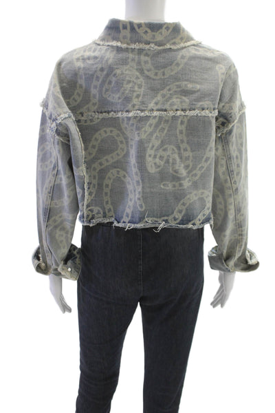 Athina Womens Basic Jacket Blue Cotton Geometric Button Long Sleeve Size S