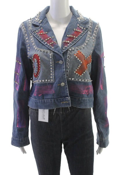 Designer Womens Biker Denim Jacket Multicolor Button Long Sleeve Punk Size S