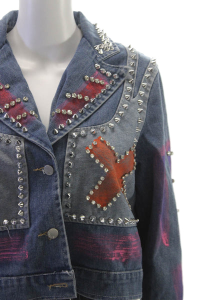 Designer Womens Biker Denim Jacket Multicolor Button Long Sleeve Punk Size S
