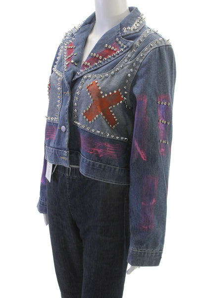 Designer Womens Biker Denim Jacket Multicolor Button Long Sleeve Punk Size S