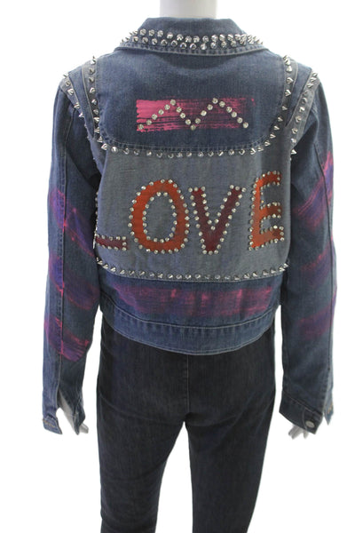 Designer Womens Biker Denim Jacket Multicolor Button Long Sleeve Punk Size S