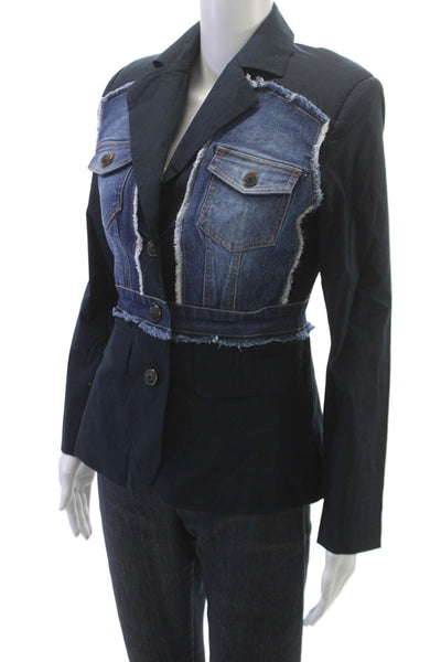 Dee Ocleppo Womens Blue Cotton Spandex Blazer Long Sleeve Button Size 2