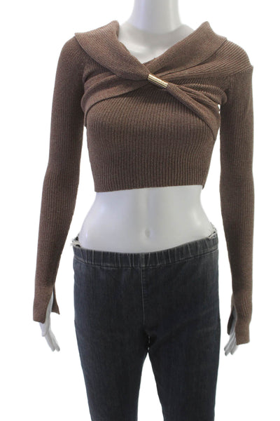 Maniere De Voir Women Cropped Off Shoulder Sweater Brown Long Sleeve Size XS
