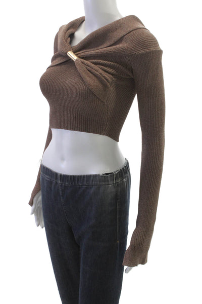 Maniere De Voir Women Cropped Off Shoulder Sweater Brown Long Sleeve Size XS