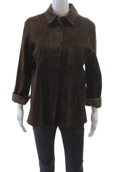 Revue Womens Brown Leather Collared Button-Up Jacket Long Sleeve Size 10